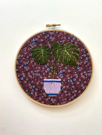 Image 1 of Original Hand Embroidery Artwork - “Illuminated Monstera” (Purple Tiny Floral)