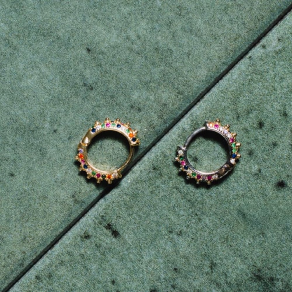 Image of CARMEN Gold Textured Colourful Cubic Zirconia Round Huggie Hoop Earrings