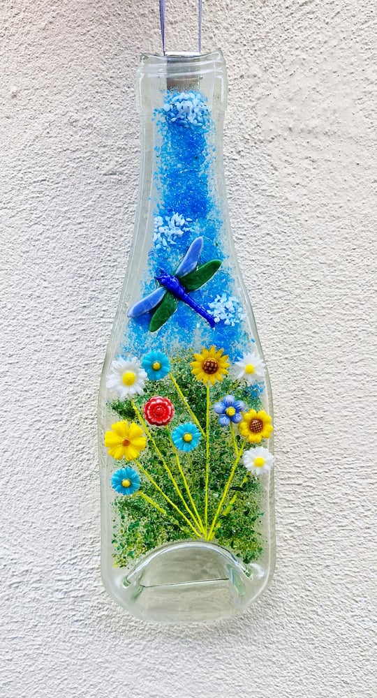 Image of Large recycled fused glass bottle with Floral and Dragonfly details