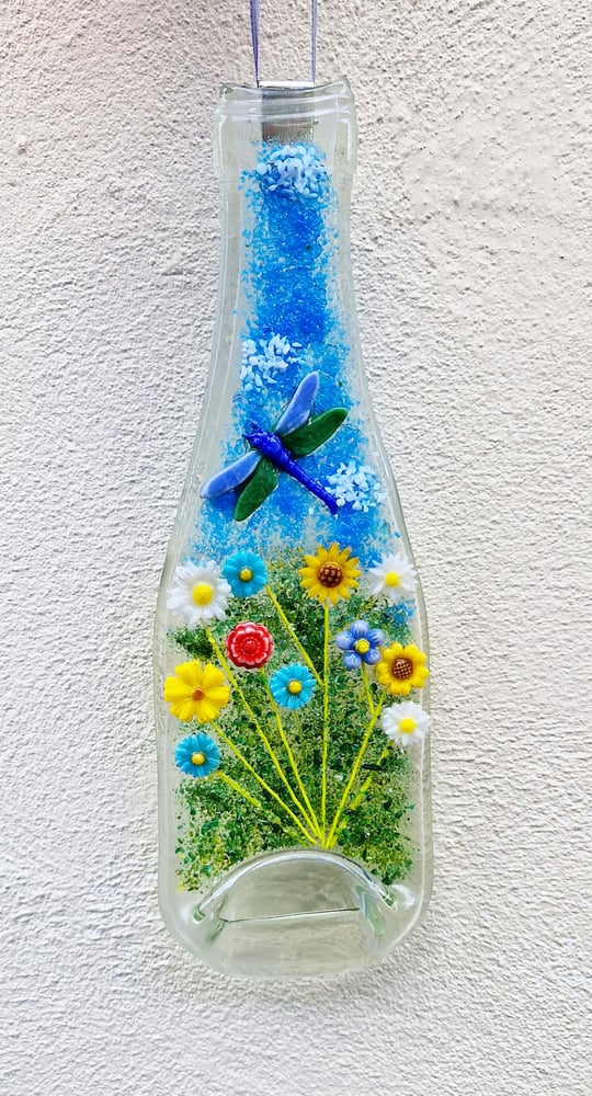 Image of Large recycled fused glass bottle with Floral and Dragonfly details