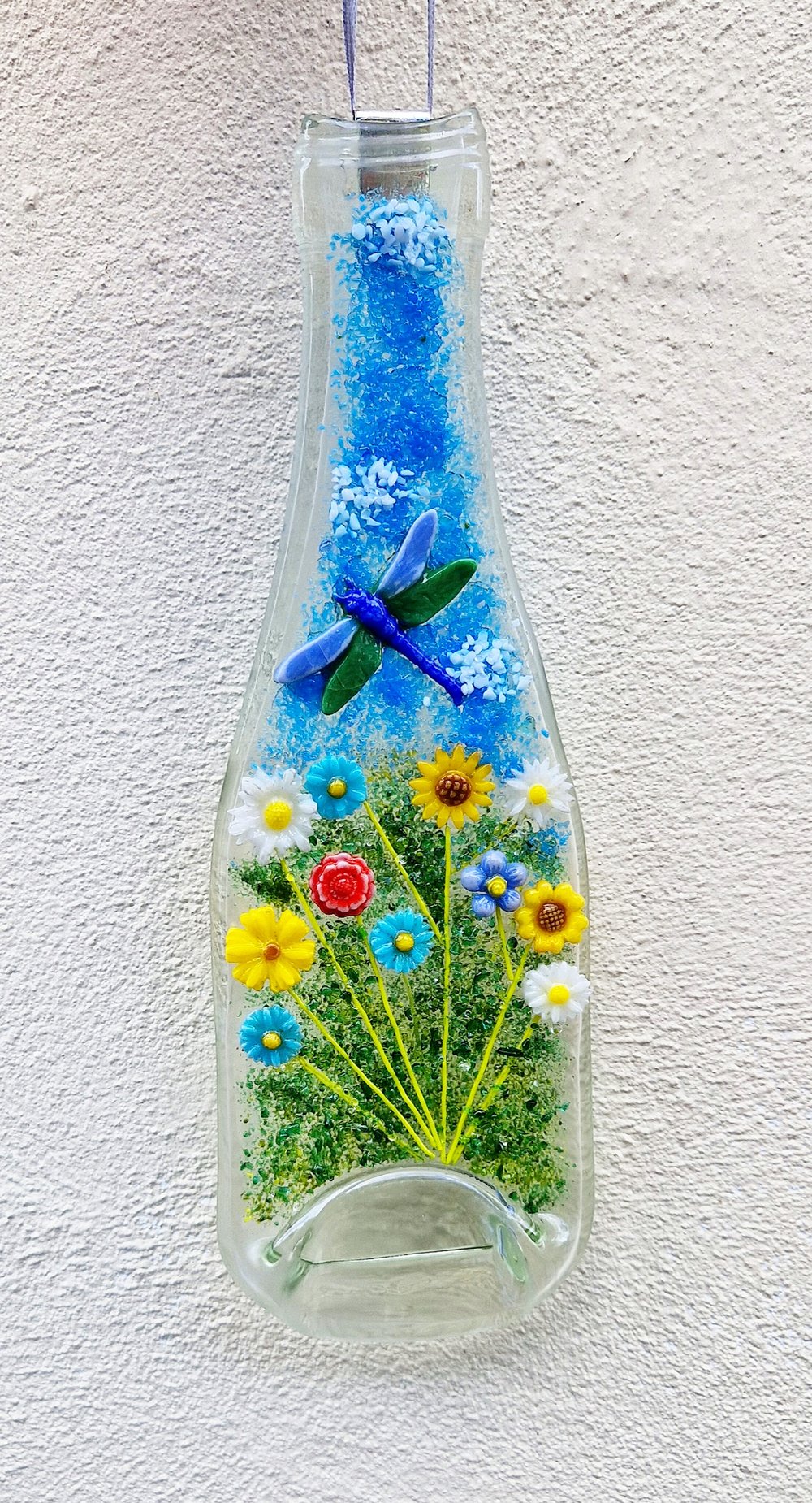 Image of Large recycled fused glass bottle with Floral and Dragonfly details