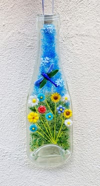Large recycled fused glass bottle with Floral and Dragonfly details
