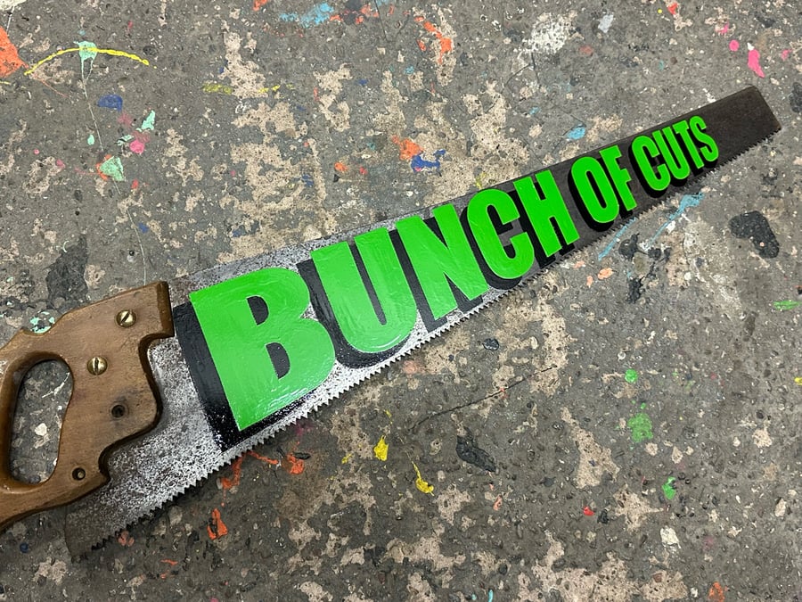 Image of Hand Painted Vintage Saw Bunch Of Cuts Green