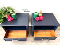 Image 5 of Vintage Stag Chateau Bedside Tables / Bedside Cabinets painted in navy blue.