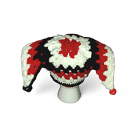 Image 1 of Harlequin Jester Beanie with Painted Jingle Bells, Granny Hexi Crochet Hat, Comic Themed