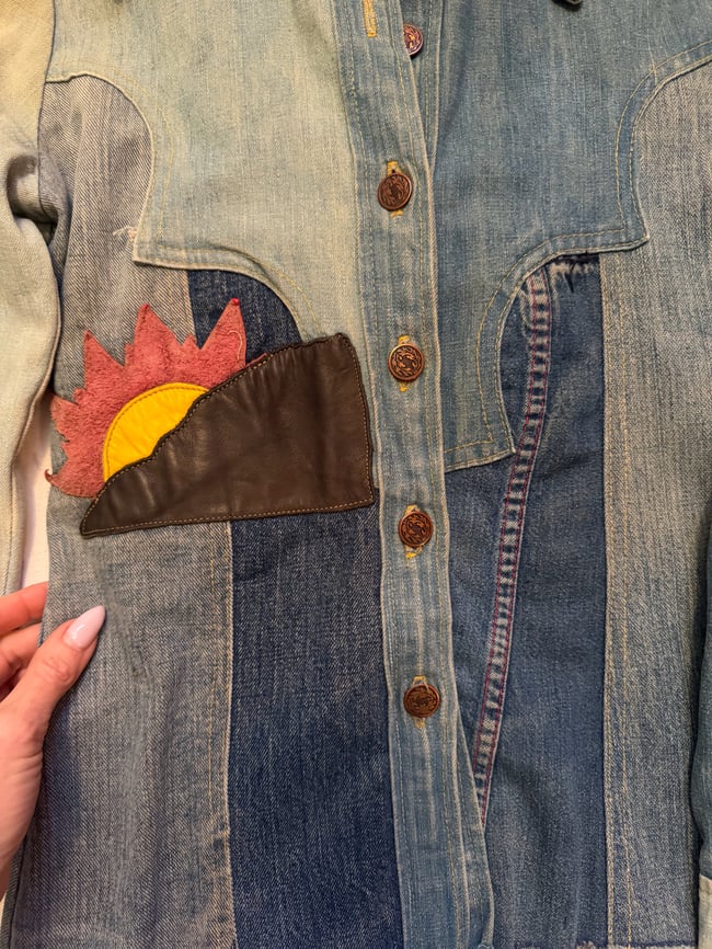 1970s denim patchwork and leather mountain magic hippie bohemian snap shirt jacket