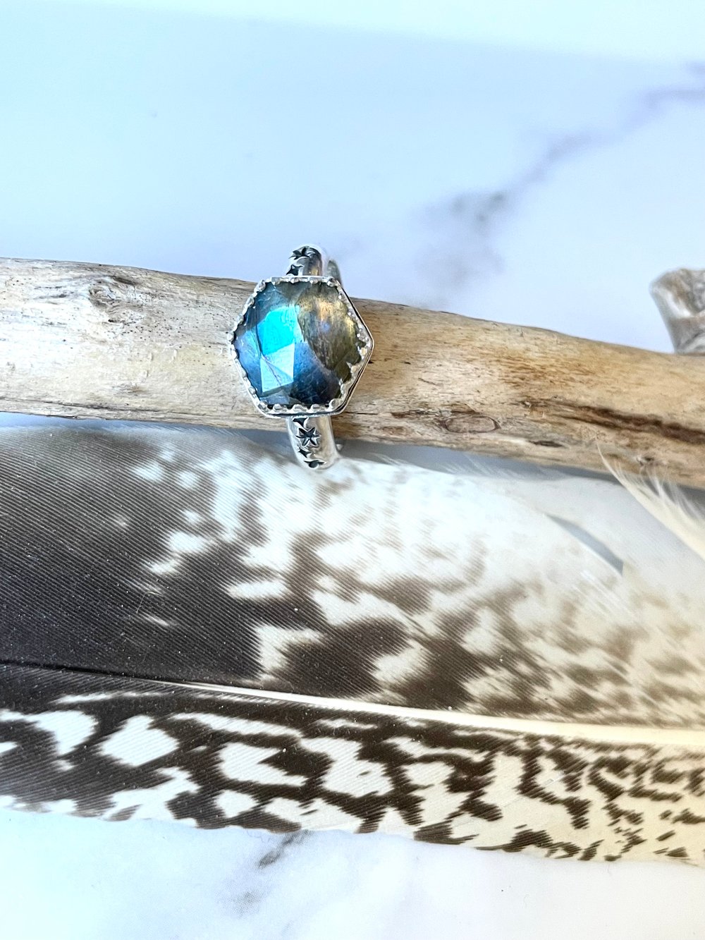 Image of Sterling Silver Celestial Blue Flash Labradorite Ring 925