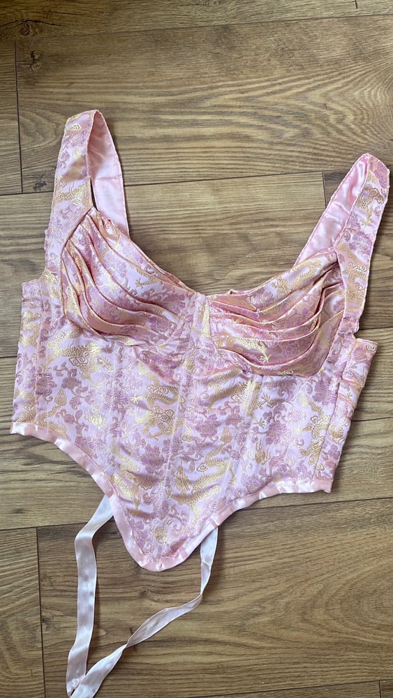 Pink and Gold Jacquard dragon bustier reversible corset top