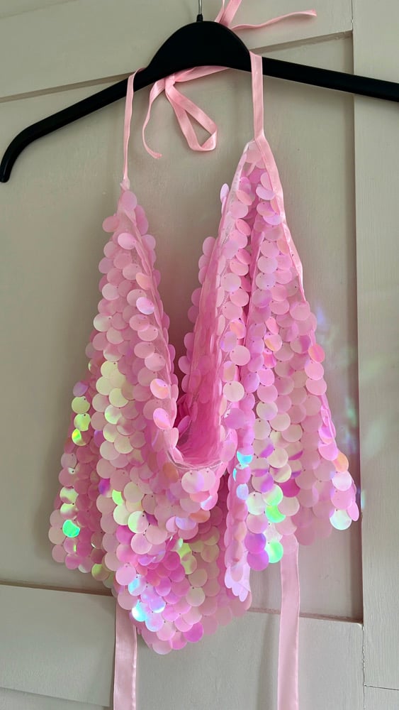 Heavily embellished Disc sequin Pink mesh halterneck cowl tie top
