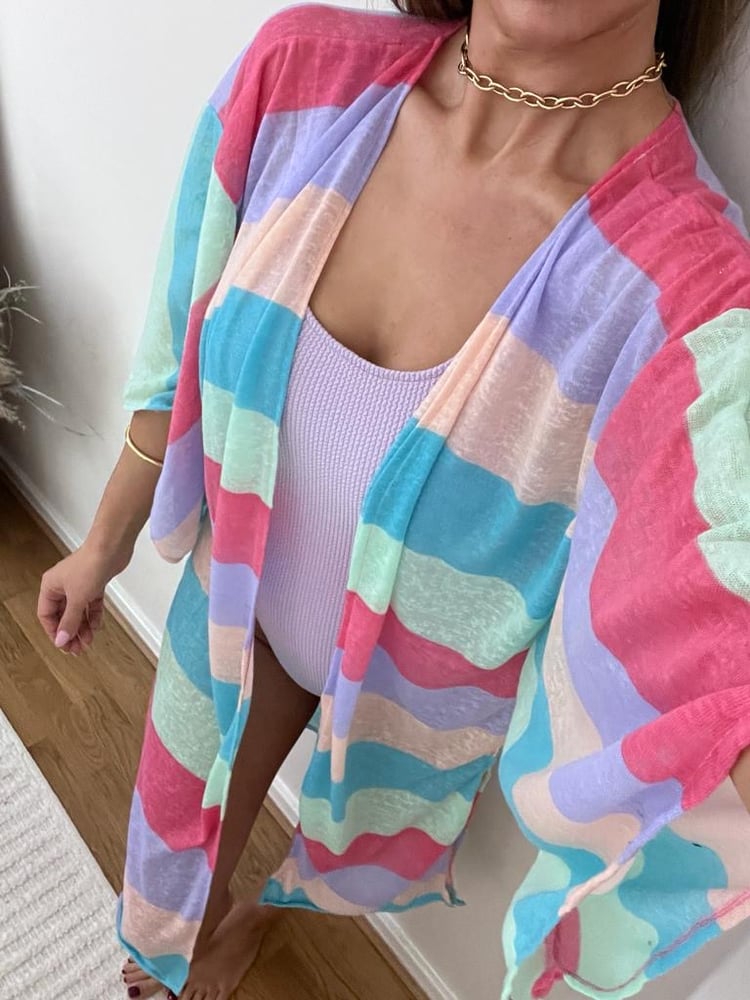 Image of Pastel Rainbow Stripe Burnout Kimono