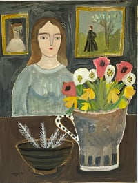 Woman by a table with spring bouquet - mixed media artwork 