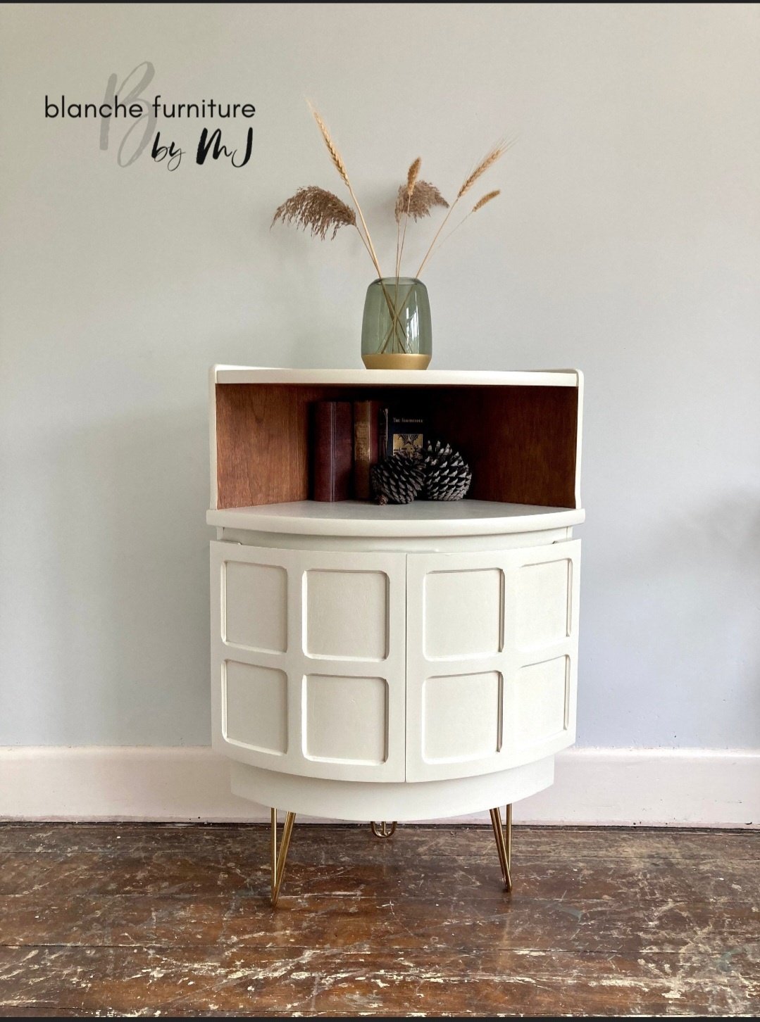 Image of Nathan Corner Drinks Cabinet in White on Gold Hairpin legs 