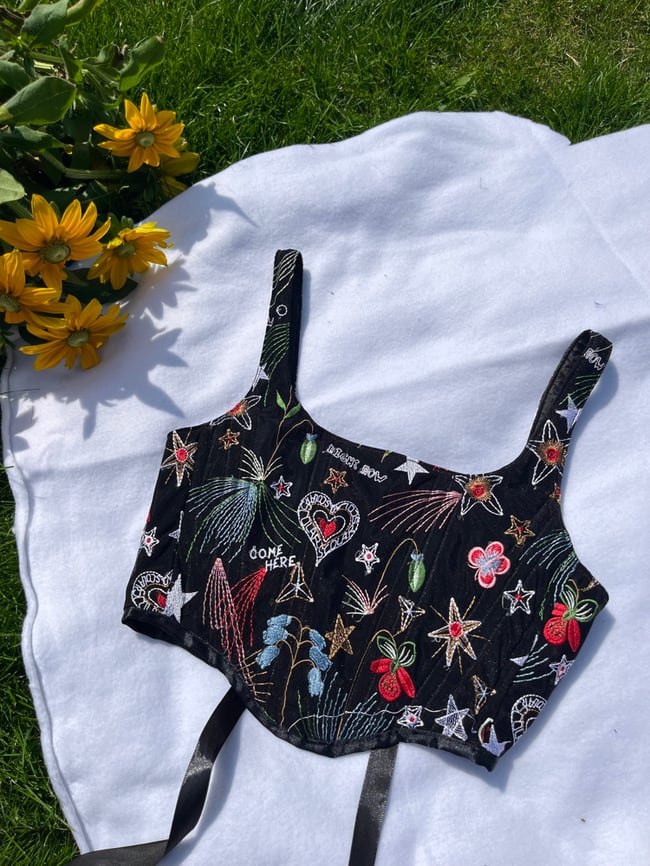 Stars, flowers, constellations, and hearts embroidered tulle Velvet handmade corset