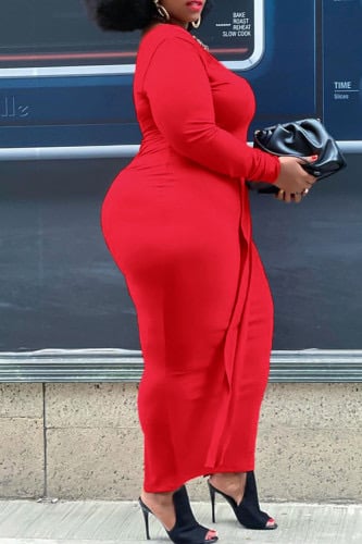 Image of Red Fashion Sexy Solid Split Joint Backless One Shoulder Long Sleeve Dress