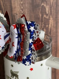Image 3 of 4th of July Memorial Day Patrotic Red, White and Blue Tumbler Straw Topper Bow