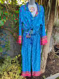Image 1 of S/ M Sari PJs and matching dust bag with tassel turquoise and pink
