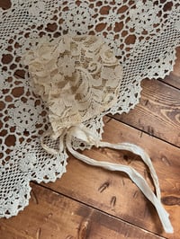 Image 5 of Antique Beige Lace Newborn Bonnet Silk Tie