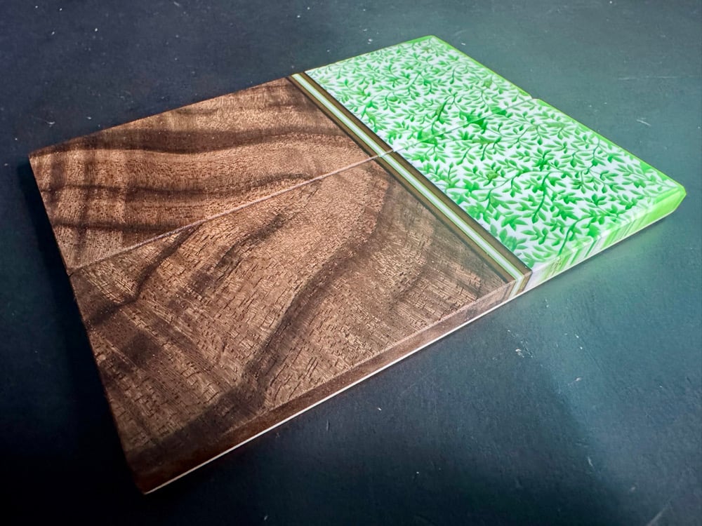 Image of @Kaoticartworks Resin & Curly Walnut Segmented Knife Scales