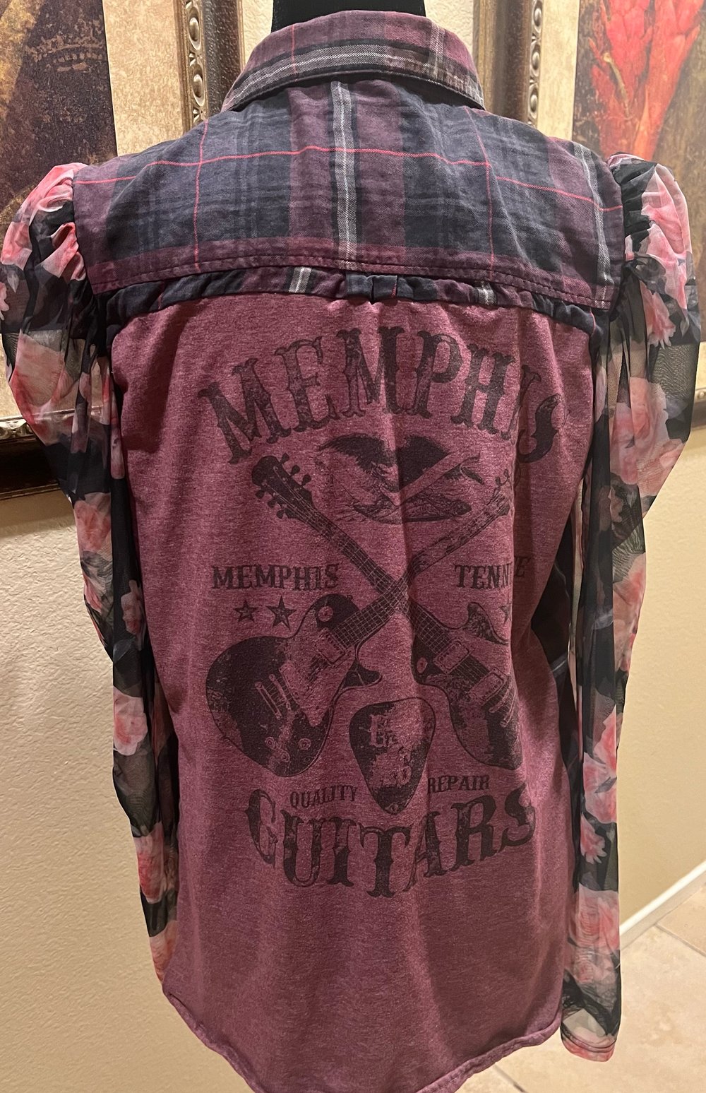 Vintage Wine/Black Flannel Shirt Floral Sleeves & Memphis Guitars