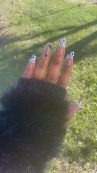 Image 4 of Nails - Long (White Tips/Black Hearts/Bling)