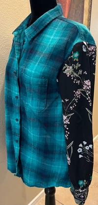 Image 4 of Vintage Funky Blue/Black Flannel Shirt Floral Sleeves Mermaid 