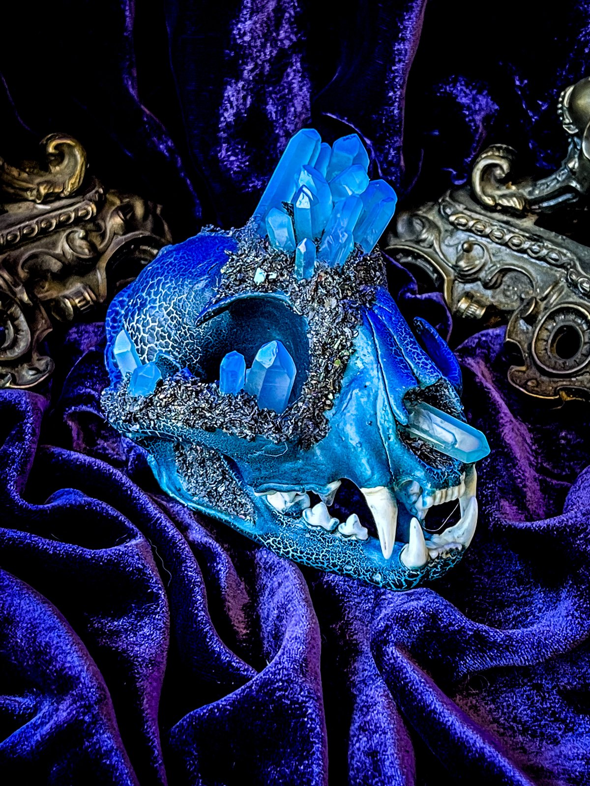 UV Luminescent, Blue Aura Quartz & Carborundum - Bobcat Skull