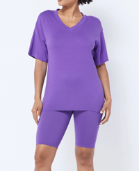 Purple V Neck Basic T-Shirts Top and Bike Shorts Set