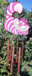 Image of Cheshire Cat Wind Chime Wood Copper Hemp Recycled Alice In Wonderland