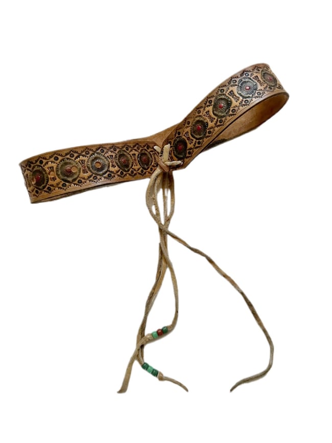70s tooled leather tie belt with beads 