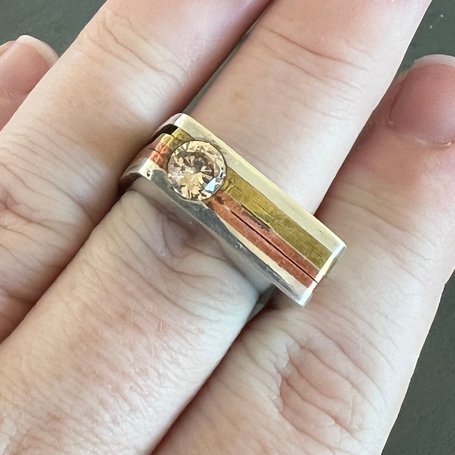 Image of Brutalist Champaign Cubic Zirconia Mixed Metal Ring, Size 9