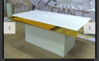 Image 1 of Elegant white and gold estate table, perfect for weddings, receptions, andspecialevent.