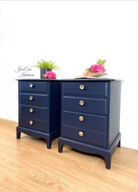 Image 2 of Pair of Stag Minstrel Bedside Tables / Bedside Cabinets / Chest Of Drawers painted in navy blue 