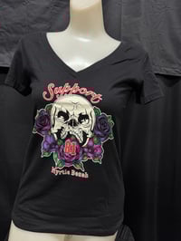 Image 1 of Lady Skull Rose V Neck  Black 