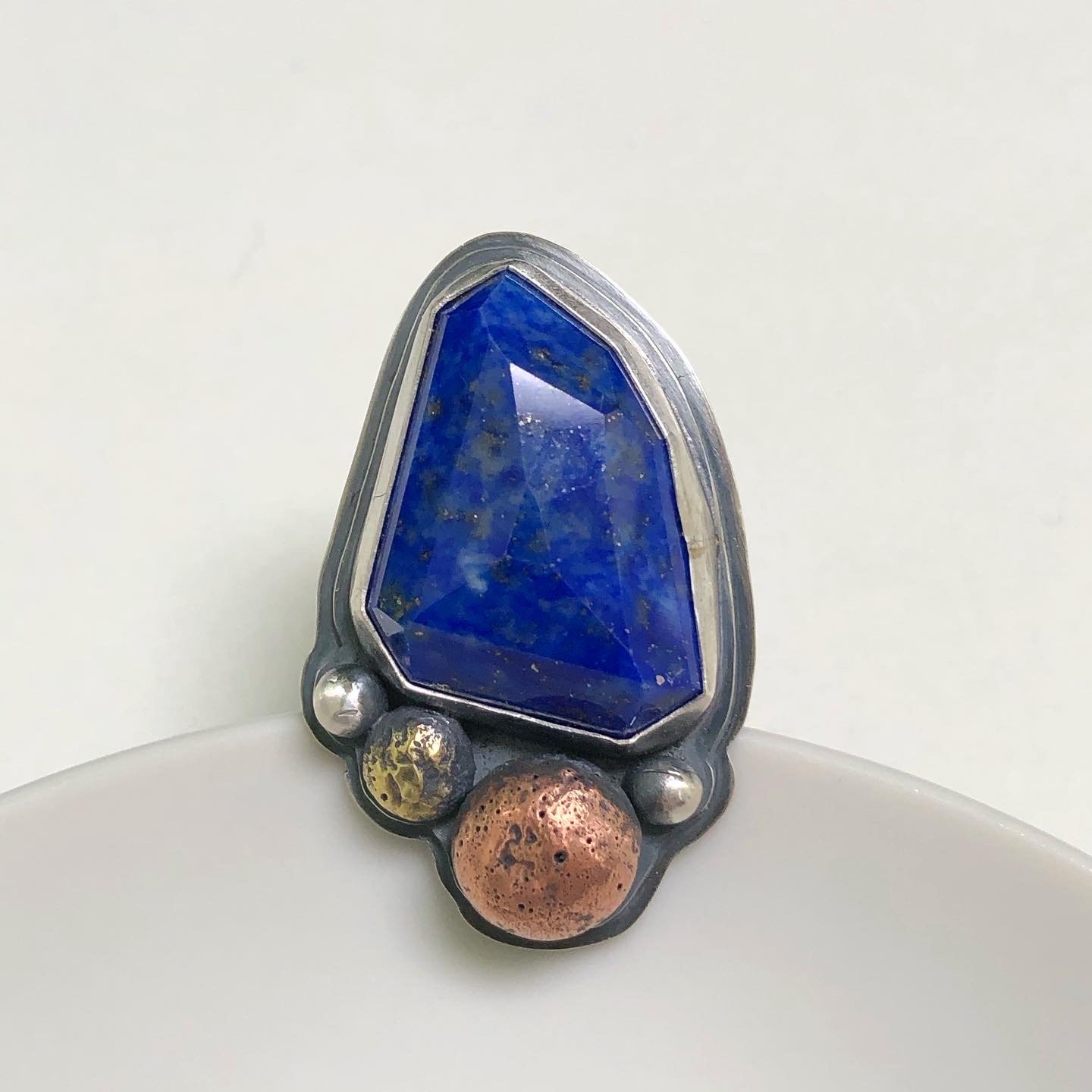 Image of Faceted Lapis Lazuli Sterling Silver Ring with Copper & Brass Accents