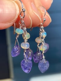 Image 4 of Beautiful Tanzanite and Welo Opal Earrings, Tanzanite Carved Crystal Leaf Earrings