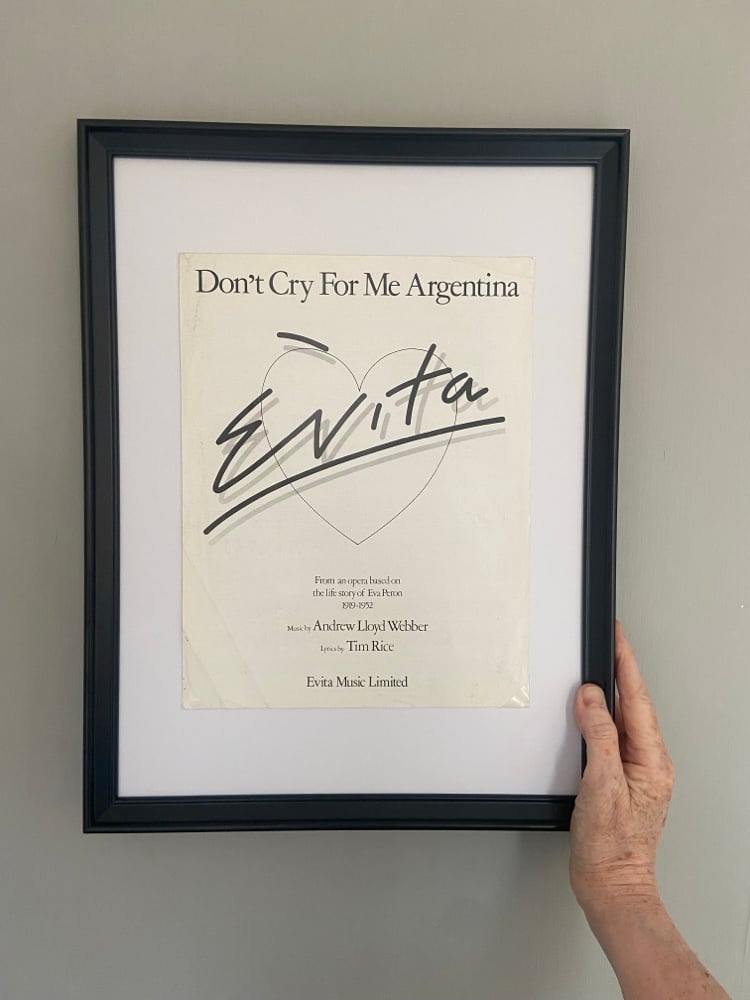 Don't Cry For Me Argentina from Evita, framed 1979 vintage sheet