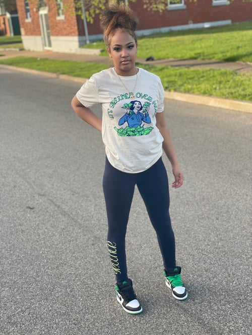 Image of “It’s greener over here” navy leggings and cream t shirt set