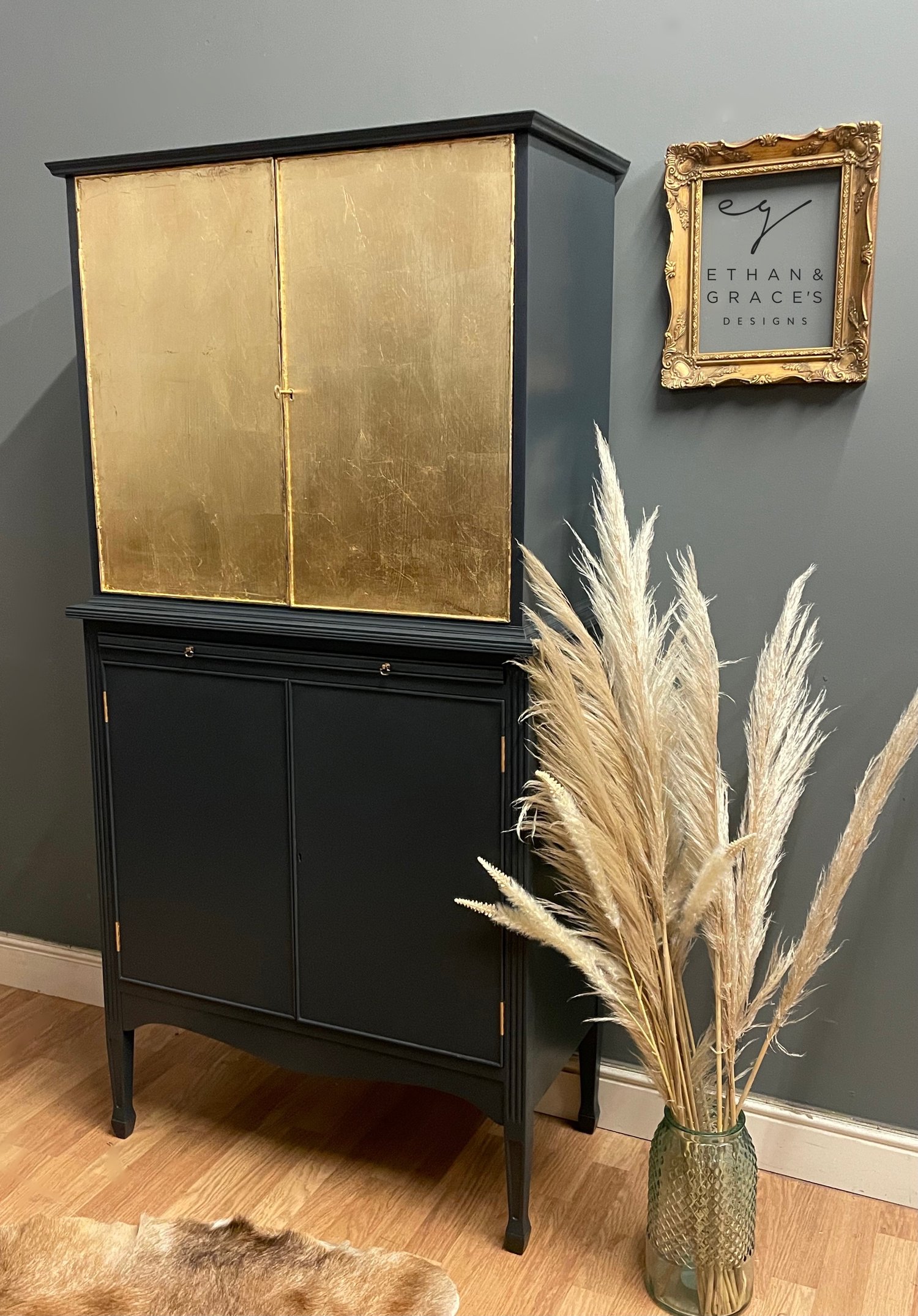 Image of Stunning blue & gold leaf drinks cabinet in F&B Railings
