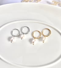 Image 2 of Pearl Hoop Huggie Earrings