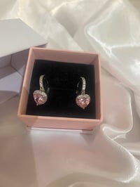 Image 4 of Pink crystal heart hanging earrings 