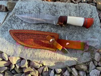 Image 1 of Damascus knife with hand sewn sheath