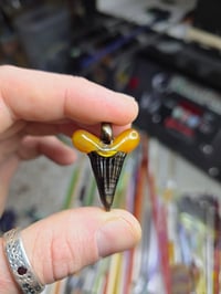 Image 1 of Orange opal/electrum glass shark tooth pendant. 