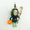 Mini Green Witch with Broom and Jack O' Lantern
