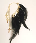 Image of Black Feather Ear Cuff with 3 Gold Crosses