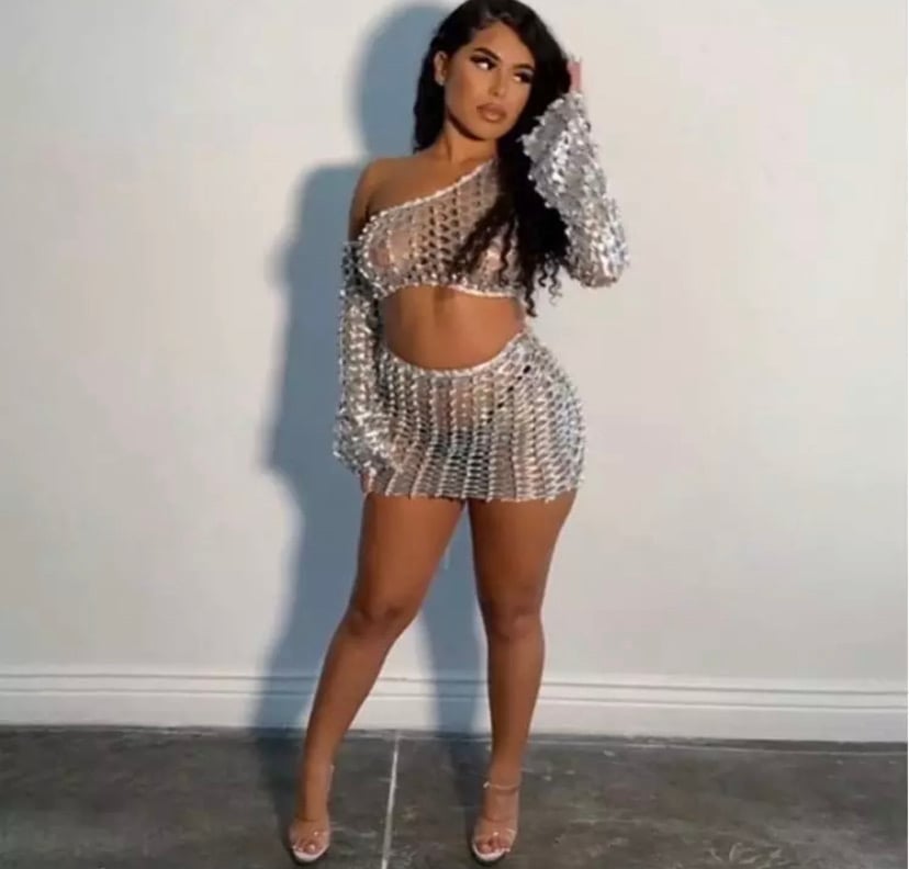 Image of Silver see-through two-piece skirt set 