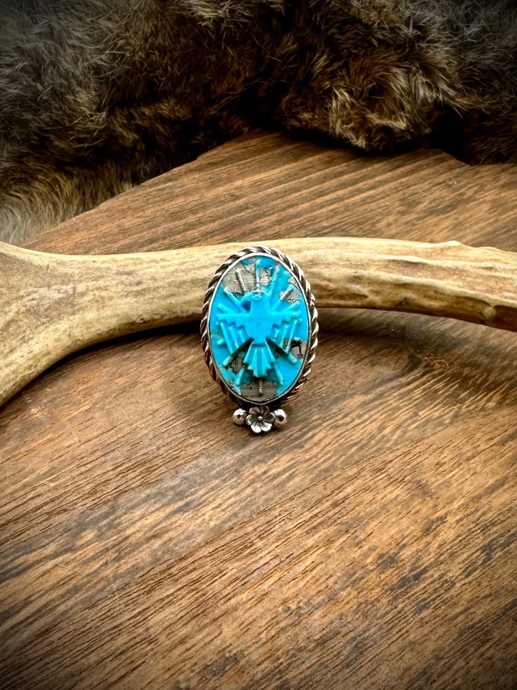 Image of Carved Kingman Turquoise Adjustable Ring 🩵(10)