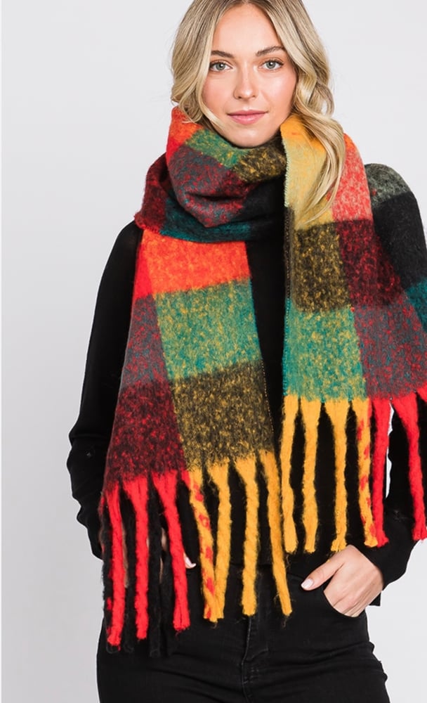 Image of Brushed Multi Color Plaid Fringe Scarf