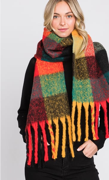 Image of Brushed Multi Color Plaid Fringe Scarf