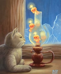 Image 2 of "Cat with Lantern Creatures" Original Painting