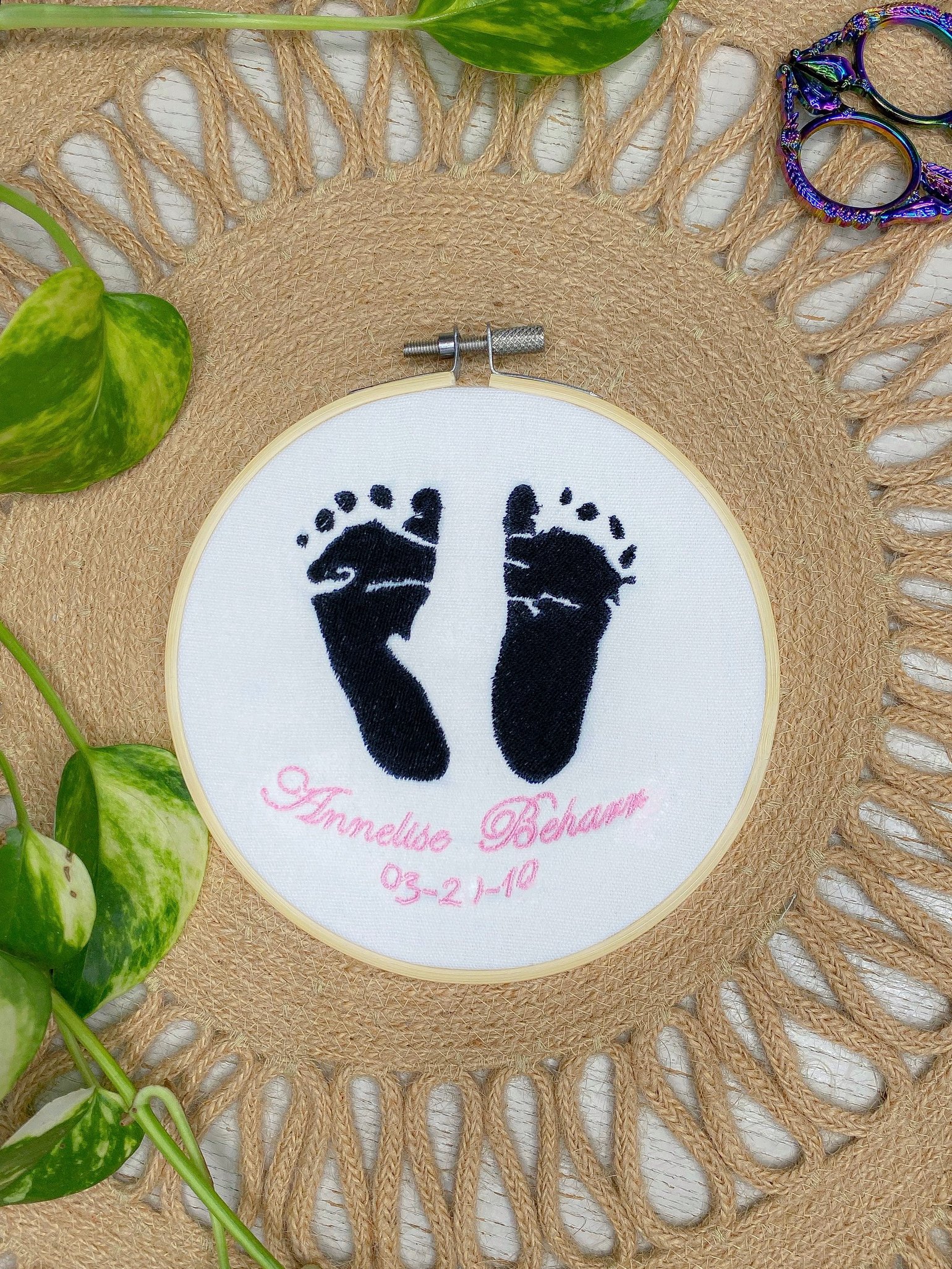 Image of Custom Embroidered Baby Footprint Keepsake (design 2)